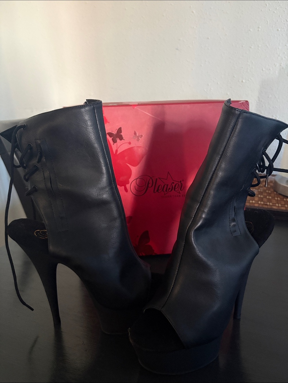 Pleaser Black Peep-Toe Lace-Up Platform Ankle Heels